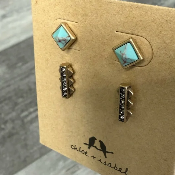 Chloe + Isabel Earrings Set | Turquoise & Crystal Studs | Nickel Free | NWT - Picture 3 of 6
